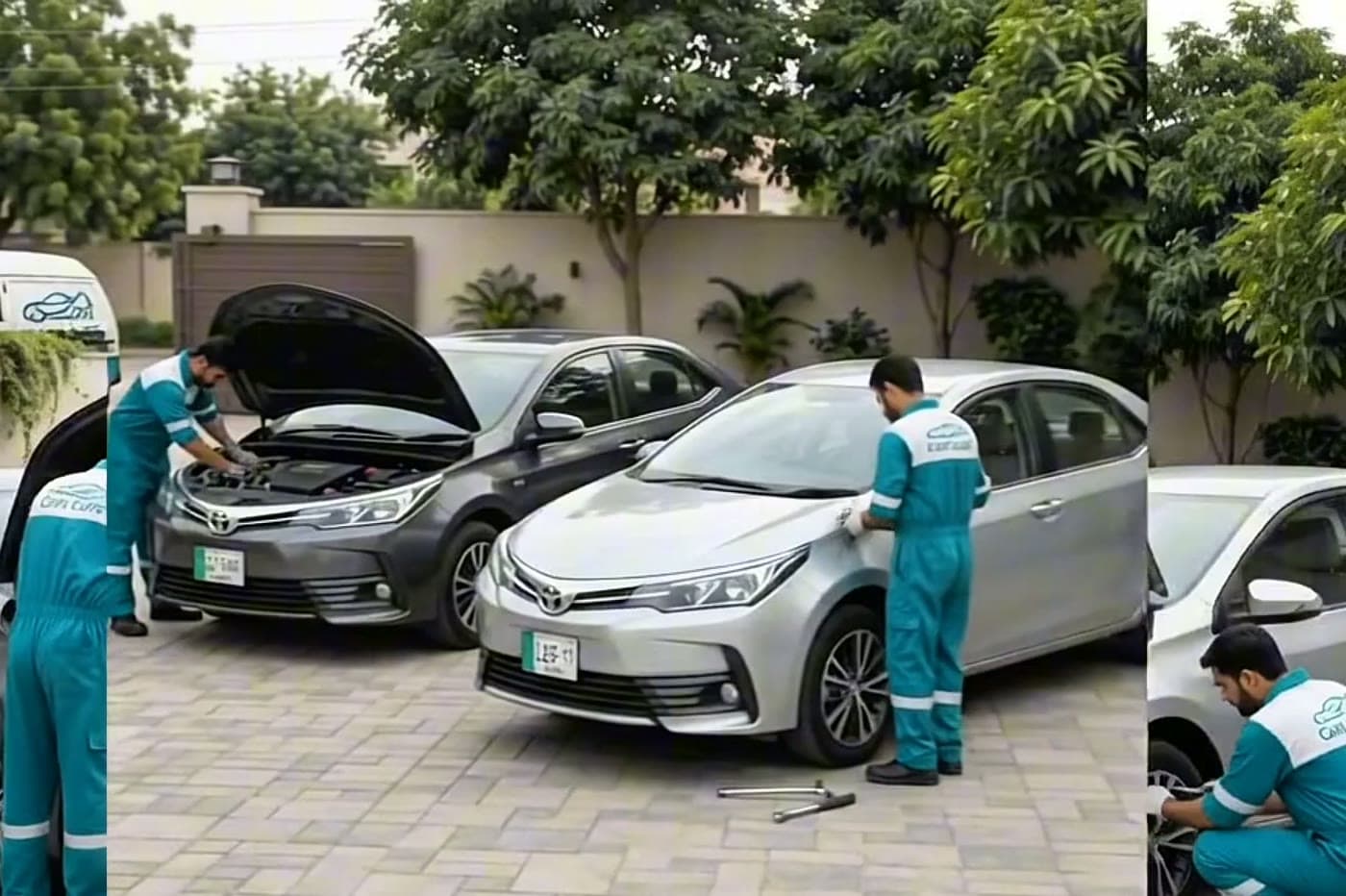 Two Car Cure technicians servicing a pair of Toyota Corollas on a driveway