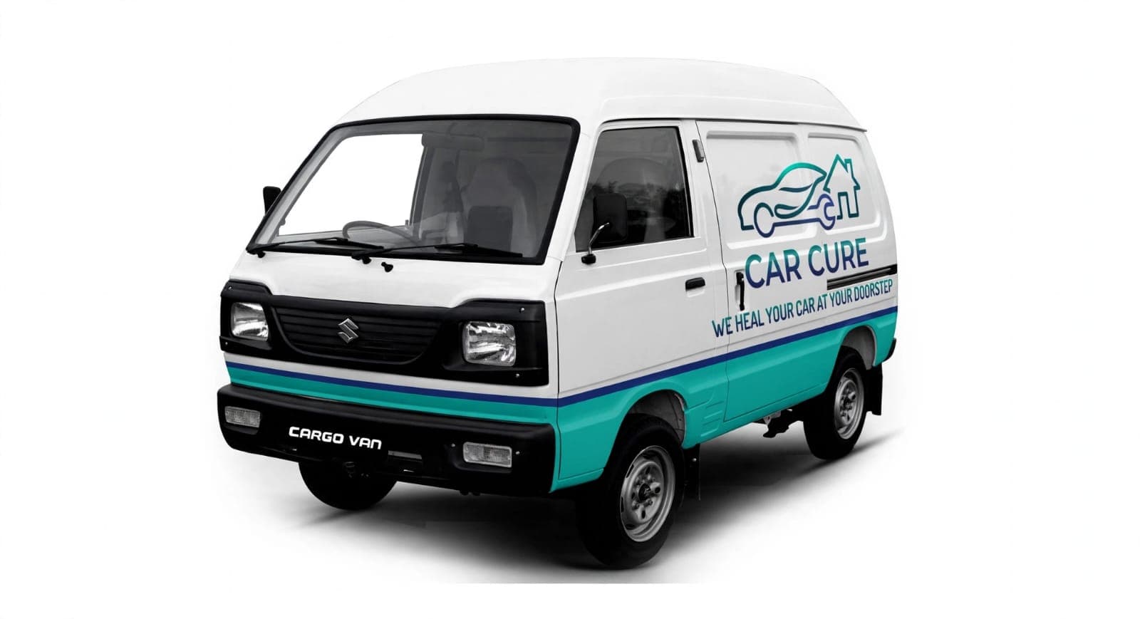 The Car Cure service van, liveried in the brand's teal and navy with the logo and the words We Heal Your Car At Your Doorstep on the side panel