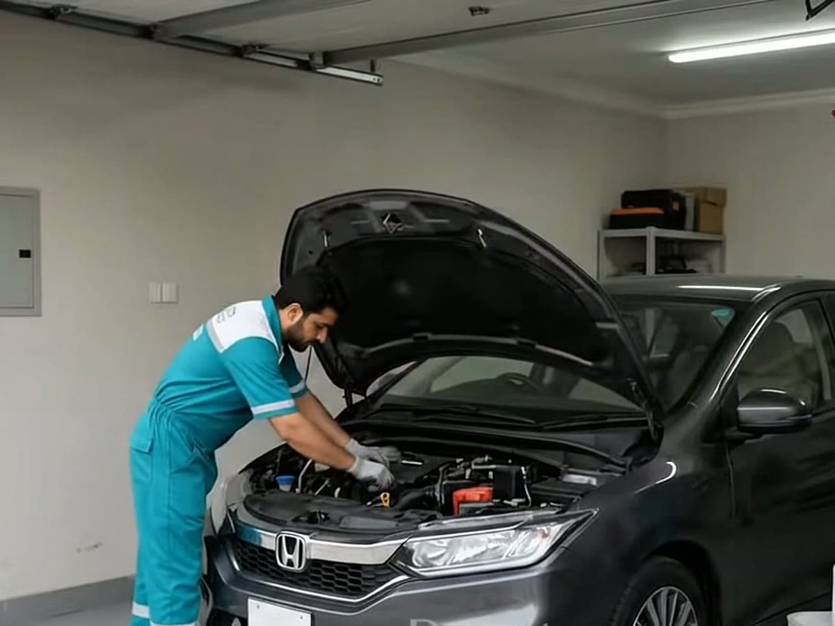 A Car Cure technician servicing a Honda City with the bonnet raised in a garage