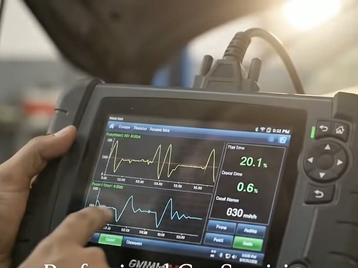 A diagnostic tablet showing live sensor traces during a fault-finding session